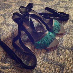 Alberta Ferretti ribbon heels with feathers